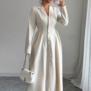 Button-Front Long Sleeve Dress | New A-Line Midi Dress w/ Collar Neckline